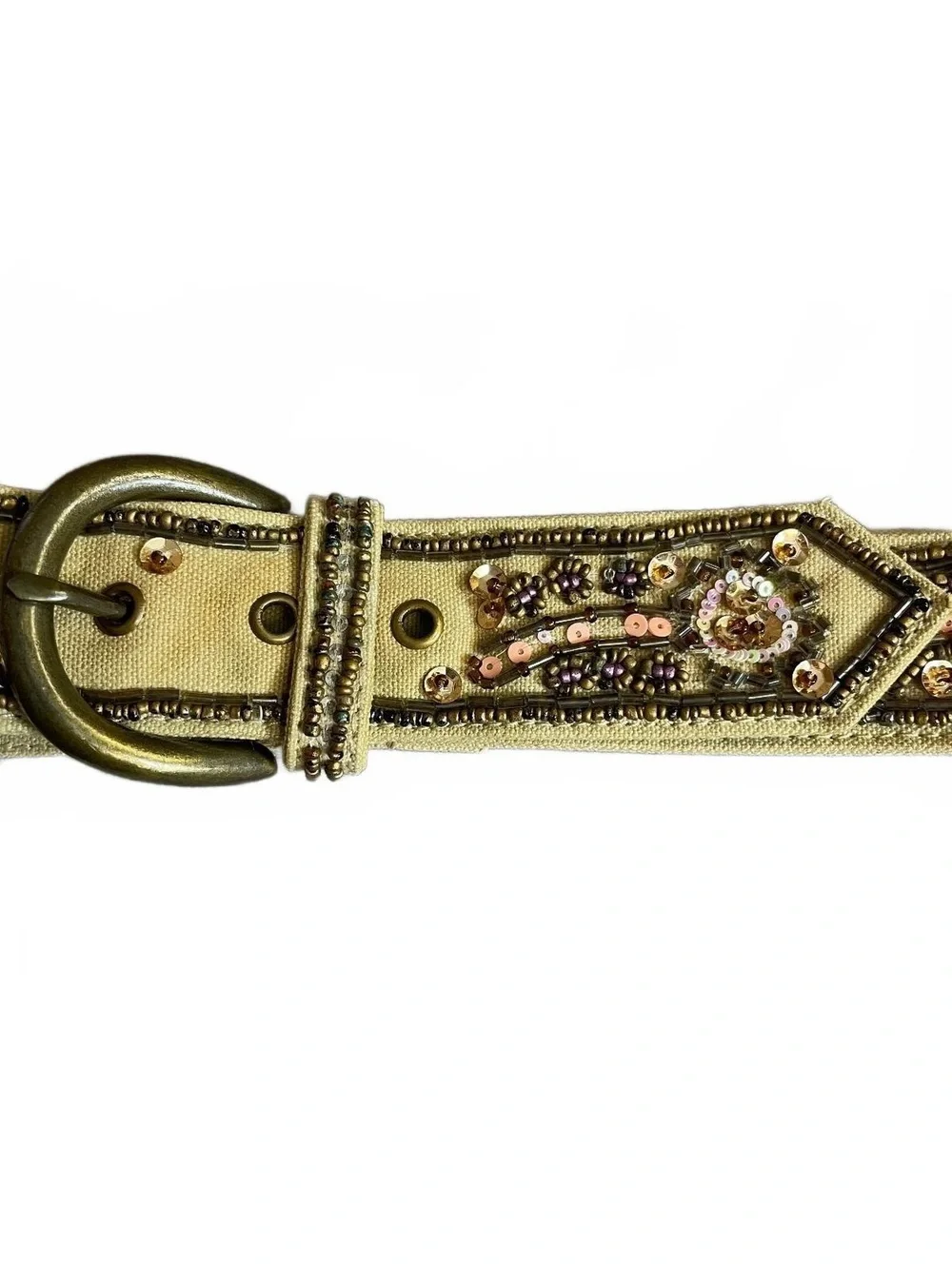 Fossil sequin beaded belt featuring a floral natural tan canvas design